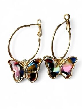 Colorful Acrylic and Gold Butterfly Hoop Earrings